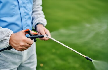 Outdoor pest control process with worker in safety gear applying pesticide treatment on large grassy lawn for maintenance