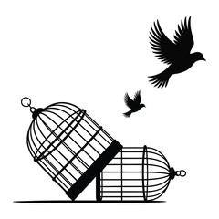 Fototapeta premium Two open birdcages with birds flying freely into the sky symbolizing freedom and escape