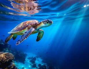 Fototapeta premium Sea Turtle Swimming Gracefully in Tropical Blue Ocean