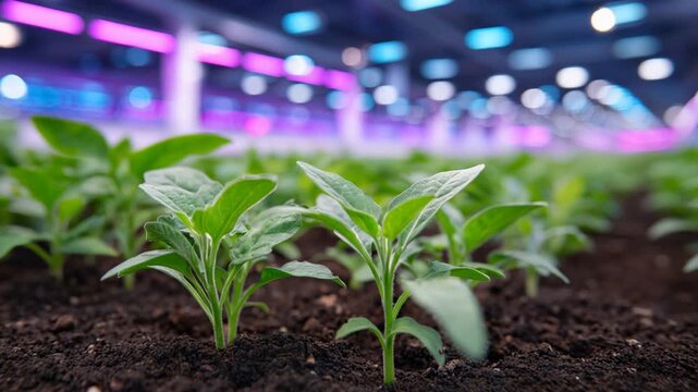 Vertical hydroponic towers with 275 seedlings thrive under pink and blue LED lights, highlighting early plant growth.