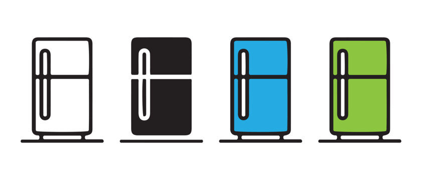 Colorful Refrigerator Icons. Black, Blue, Green, and Outline Variants.