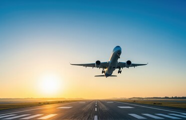 Passenger airplane takes off during winter holiday travel season from runway at sunrise, symbolizing new beginnings and festive journeys