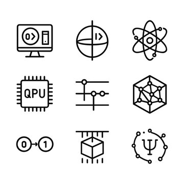Scientific quantum computing icons. Outline symbols. Line design