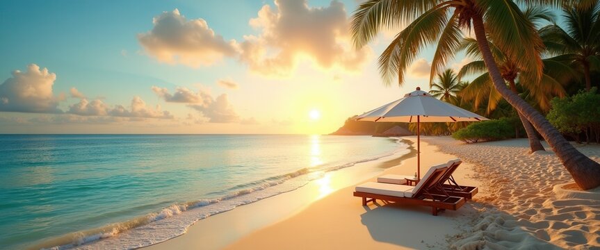 Summer paradise on a tropical beach with palm trees, loungers, and umbrellas. evoking luxury, relaxation, and the perfect concept for travel campaigns and dream holiday promotions.
