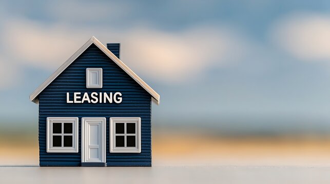 A small blue house model with the word "LEASING" prominently displayed, set against a soft, blurred background.