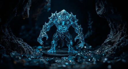 Crystalline Blue Monster Creature Glowing in a Dark Mysterious Underground Cave Environment