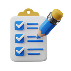 Fototapeta premium 3D checklist icon with blue pencil and three completed tasks to-do list completion isolated on a transparent background