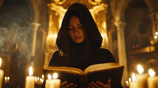 Mystical female figure in black robe performing a ritual or prayer in a glowing, sacred space