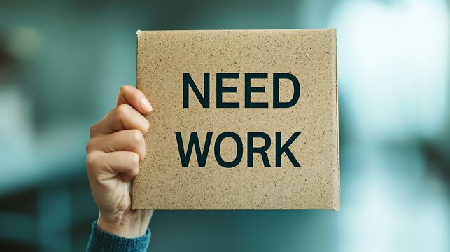 A person holds a sign reading "NEED WORK," highlighting a demand for job opportunities or assistance.