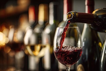 Red wine being poured into a glass, surrounded by other wine bottles