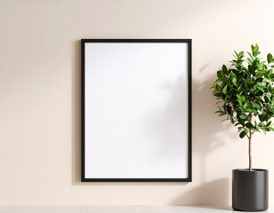 A blank framed poster hangs on a beige wall next to a potted plant, creating a minimalist interior scene.