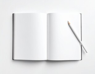 Blank notebook open on white background, accompanied by a sharpened pencil, ready for writing or sketching.