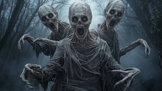 A horrifying three-headed ghoul wrapped in decayed cloth, each face snarling, emerging from the foggy woods in a nightmare scene