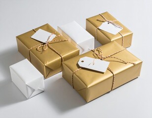 Several gifts wrapped in gold and white paper with tags and string on a white surface.