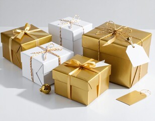 Several wrapped gift boxes, some gold and white, with ribbons and tags, arranged on a white surface.