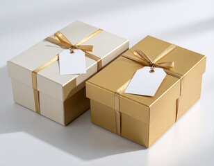 Two gift boxes, cream and gold, tied with ribbons and tags, resting on a light surface.