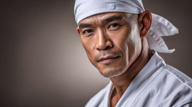 portrait of a sushi chef wearing a pristine white uniform and a traditional white hachimaki headband - Powered by Adobe