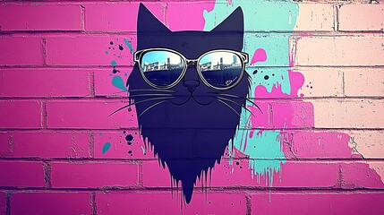 Naklejka premium Street art inspired cool cat portrait with mirrored sunglasses, dynamic paint splatter effects, sharp outlines, colorful textured urban wall backdrop