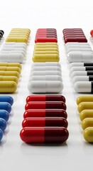 Obraz premium Rows of Colorful Pills A Detailed Close-Up of Pharmaceuticals in Various Colors, Highlighting Healthcare and Medication Concepts for Medical Purposes
