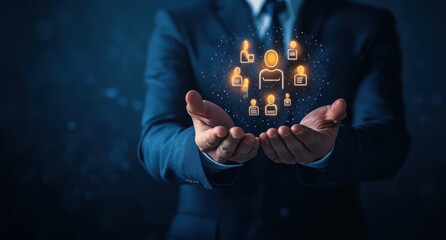 Businessman holding glowing human figures representing team or network isolated on transparent background