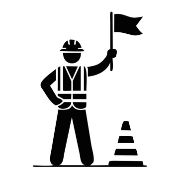 black and white silhouette icon of a flagman or road worker