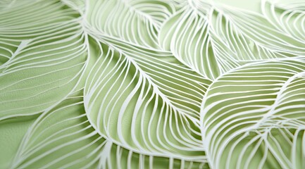 Detailed, light-green background with intricate, white paper cutouts of overlapping leaves