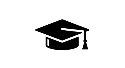 A black and white graphic illustration of a graduation cap with a tassel on a white background