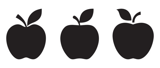 Apple Silhouette Icon Set. Trio of Icons with Unique Leaf Positions.