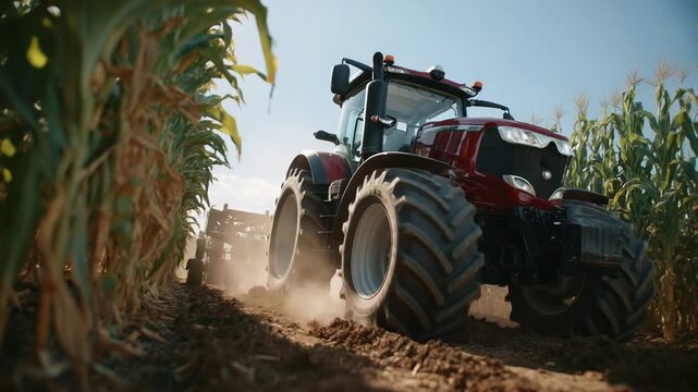 An automated tractor efficiently maneuvers through narrow corn rows, kicking up soil dust under the bright daylight.