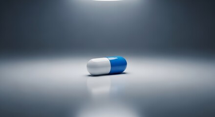 Dramatic spotlight on a single blue and white pill. An isolated capsule symbolizing modern medicine, scientific discovery, and the future of pharmaceutical treatment