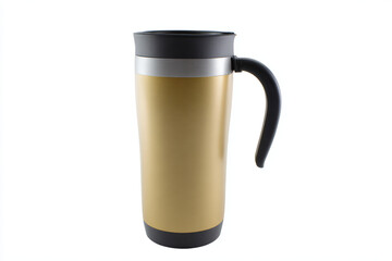 a gold and black coffee mug on a white background