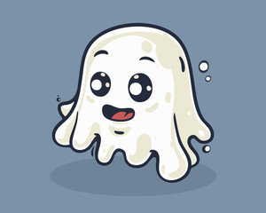 Happy little ghost with big sparkling eyes floating joyfully on a blue background. Vector illustration.
