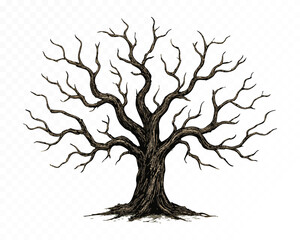 Detailed watercolor spooky tree with twisted bare branches, perfect for eerie autumn or Halloween designs. Strong silhouette. Vector illustration. © Daria