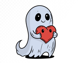 Adorable blue ghost holding a red heart and smiling sweetly on a light background. Perfect mix of spooky and cute. Vector illustration.