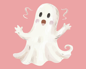Surprised watercolor ghost with raised hands and swirly base, set against a soft pink background. Playful and expressive Halloween style. Vector illustration.