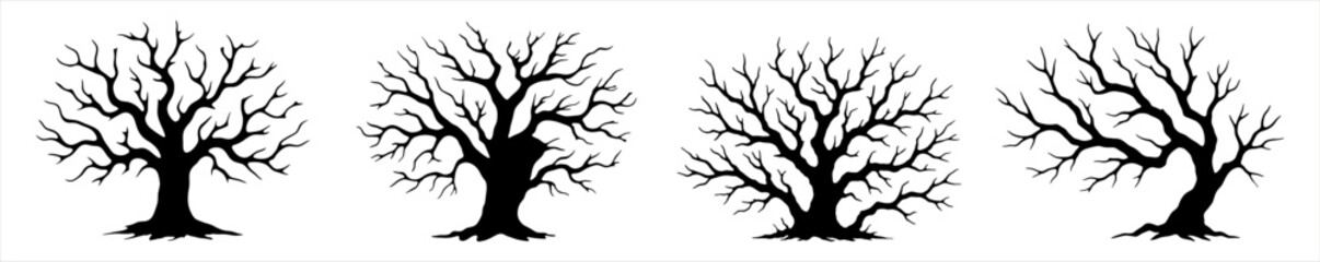 Set of silhouettes of bare winter trees in a row, black on white, minimalist style. Great for eerie or seasonal themes. Vector illustration.