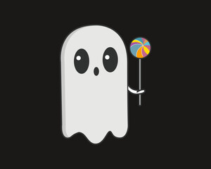 Simple cartoon ghost with a rainbow swirl lollipop on a dark background. Playful and minimal Halloween design. Vector illustration.