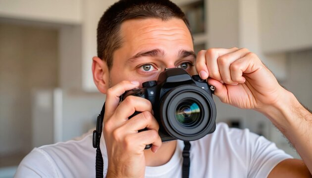 Young man holding camera and taking photo indoors in bright setting  