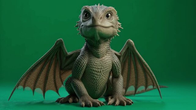Close up of a small green dragon sitting on a green background looking directly at the viewer green screen animal video