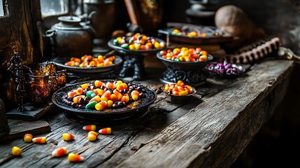 Colorful candy corns and spooky Halloween treats on a rustic wooden table