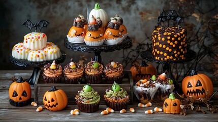 Colorful candy corns and spooky Halloween treats on a rustic wooden table