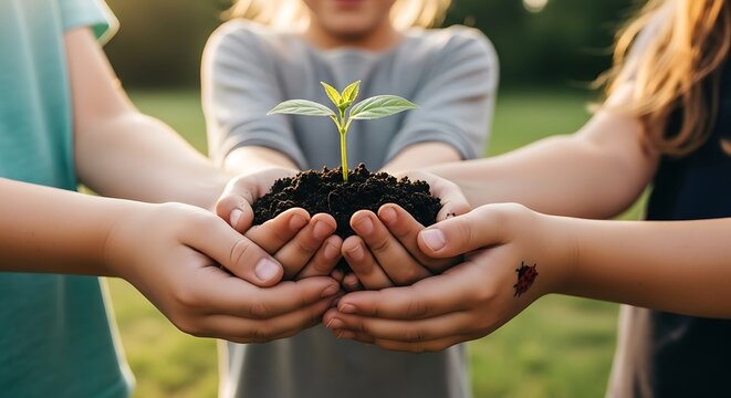 Children’s hands holding soil with seedling, outdoor lifestyle photo for eco education and future care theme