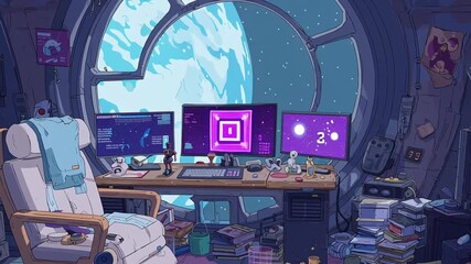 Lo-fi cozy gamer’s corner futuristic space station, Earth window, triple monitor setup holographic UI, zero gravity books, snacks, digital clock stream starting soon screen for Twitch VTuber - Powered by Adobe