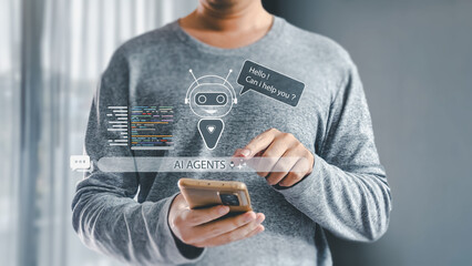 AI chatbot and agent concept. A person uses a smartphone and interacts with a holographic interface, activating a voice-controlled AI agent for help and support.