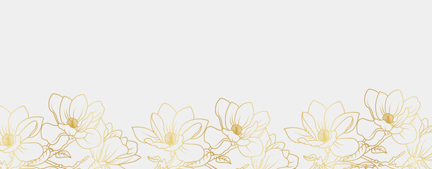 Luxury gold magnolia flowers background. Floral pattern tropical in line art style for greeting, invitation, wedding card, wall art, wallpaper and print. Vector illustration