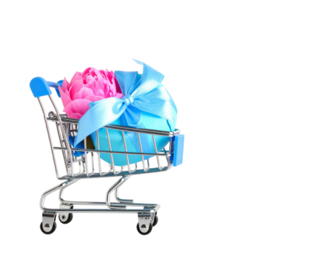 Gift-Filled Shopping Cart – Festive Blue Concept – Transparent Background