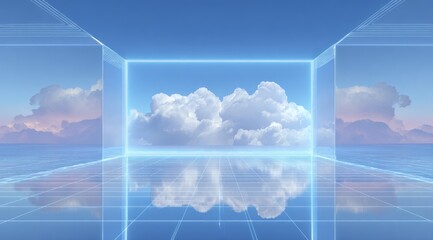 A futuristic, digital space, a glass box overlooking a serene sky with puffy clouds