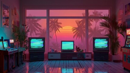 80s retro vaporwave streamer room, triple CRT monitors with glitch effects, neon palm trees window, synthwave grid floor, arcade machines virtual pets, looping stream starting soon overlay - Powered by Adobe