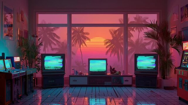 80s retro vaporwave streamer room, triple CRT monitors with glitch effects, neon palm trees window, synthwave grid floor, arcade machines virtual pets, looping stream starting soon overlay
