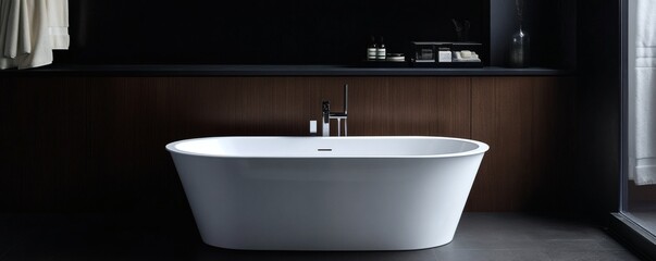 An elegant modern bathroom featuring a pristine white soaking tub